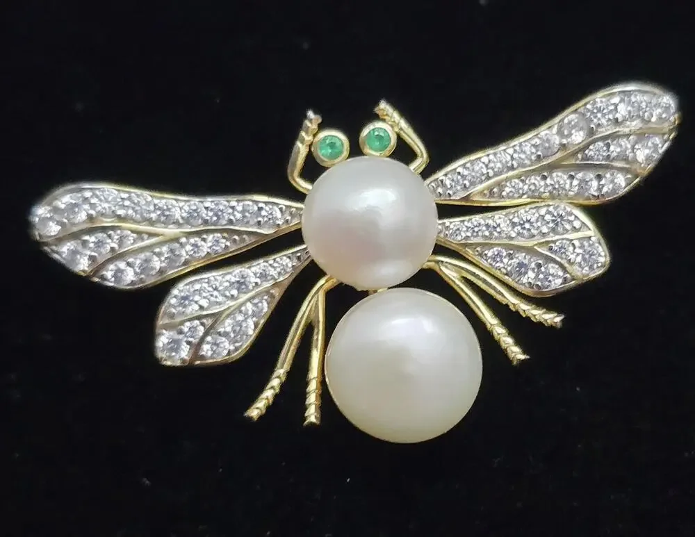 Sterling 925 Gold Plated 18k Bee Brooch Pin Cultured Pearls CZs